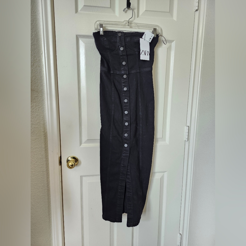 Zara Black Strapless Denim Bustier Jean Button Down Midi Dress XS - Picture 2 of 9
